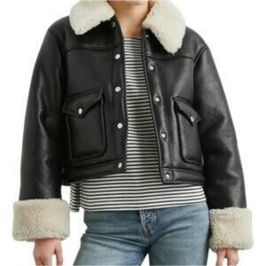 Womens Rails Imani Black Faux Leather Jacket W/White Shearling Trim L